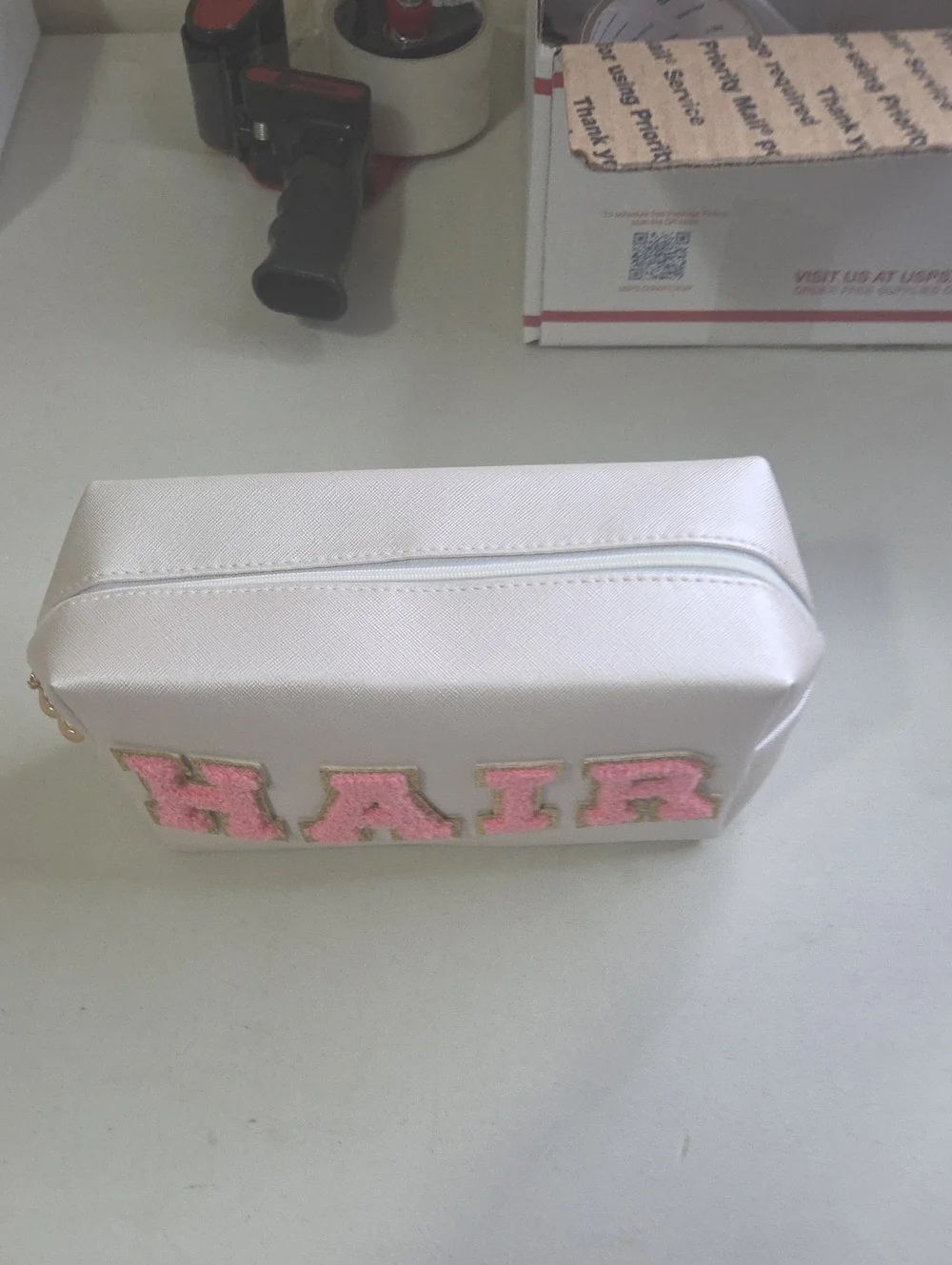 Women's White Cosmetic Bag with Pink 'HAIR' Applique